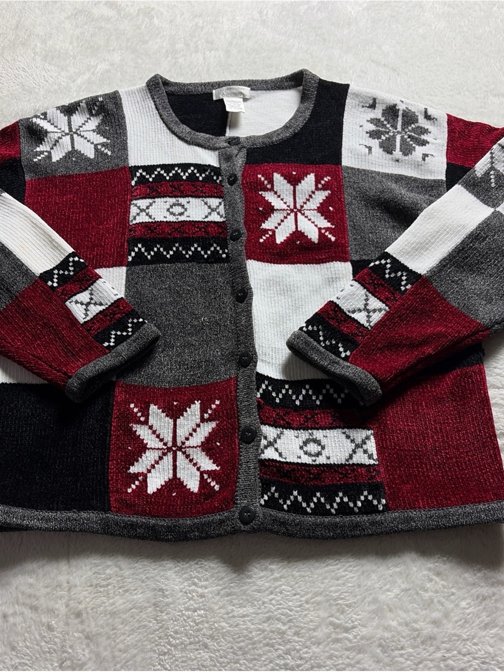 Vintage Y2K Cardigan Holiday Winter Christmas Burgundy Patchwork Snowflake sz M